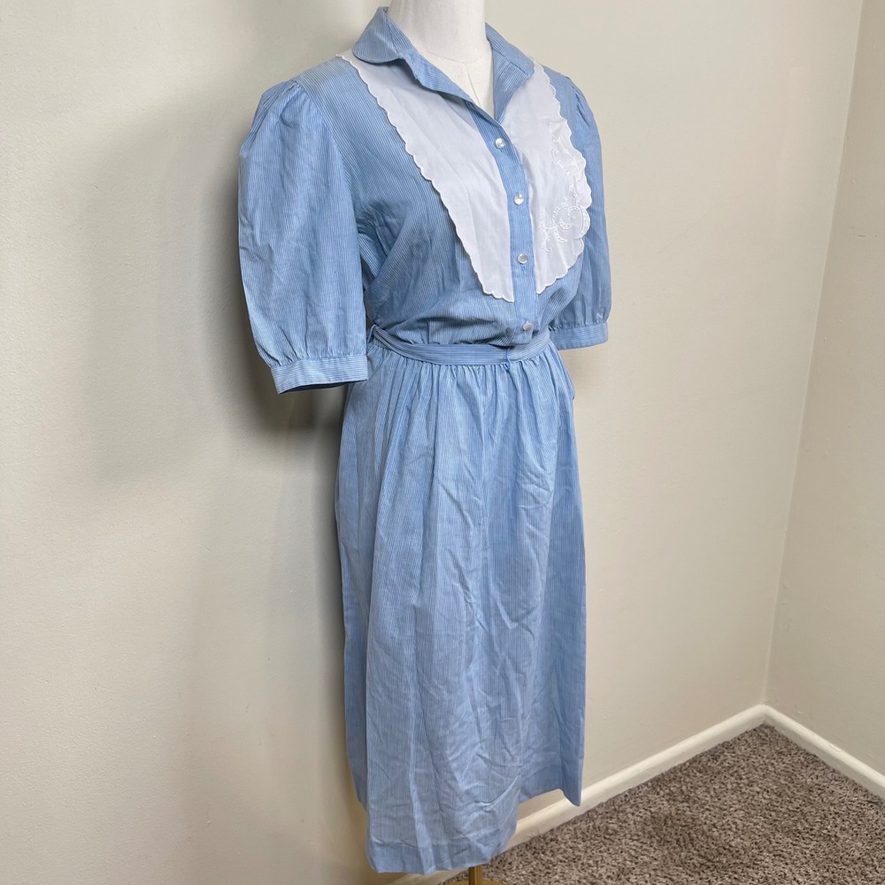 Vintage Pin Stripe Shirt Dress Womens 10 Blue Floral Embroidery Bib Collar 80s - Picture 6 of 13